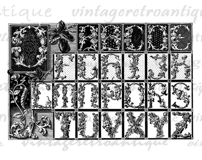 Printable Graphic Antique Floral Alphabet Digital Decorative Letters Image Collage Sheet Download Jpg Png Eps HQ 300dpi No.188