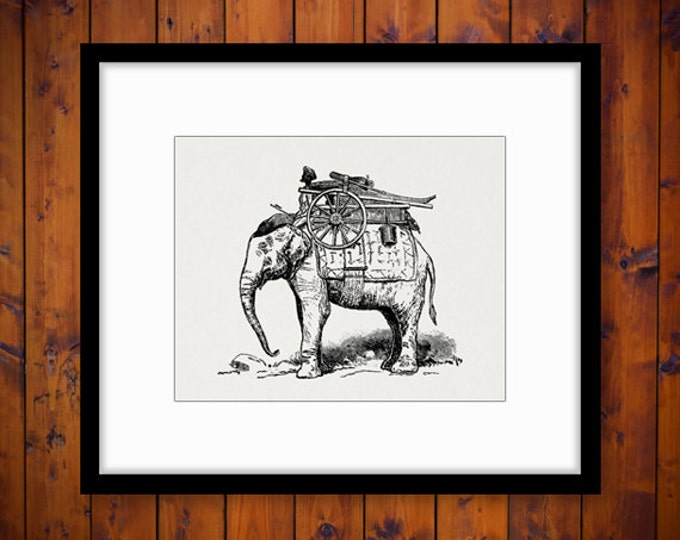 Digital Printable Elephant with Rider Graphic Image Illustration Download Antique Clip Art Jpg Png Eps HQ 300dpi No.3548