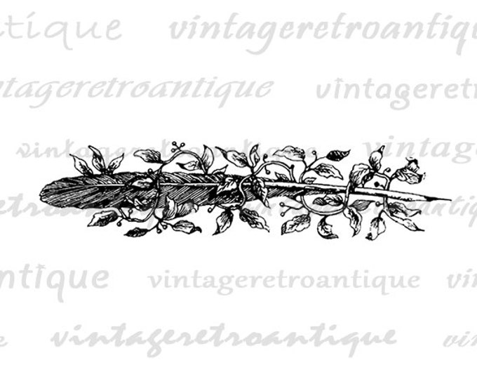 Printable Digital Ornate Feather with Floral Leaves Design Graphic Download Image Antique Clip Art Jpg Png Eps HQ 300dpi No.546