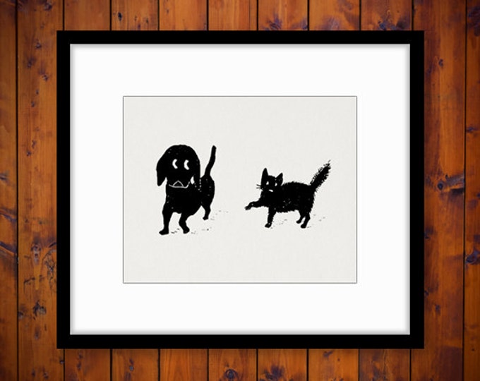 Cat and Dog Printable Graphic Download Illustrated Digital Image Vintage Clip Art Jpg Png Eps HQ 300dpi No.3419