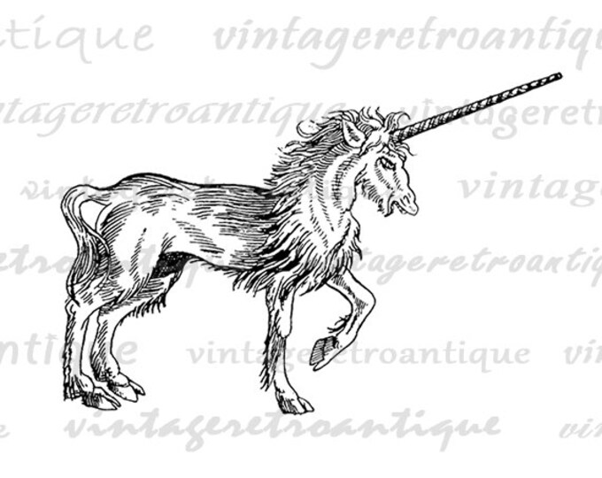 Printable Digital Mythical Unicorn Graphic Horse Image Myth Animal Download Vintage Clip Art Jpg Png Eps HQ 300dpi No.435