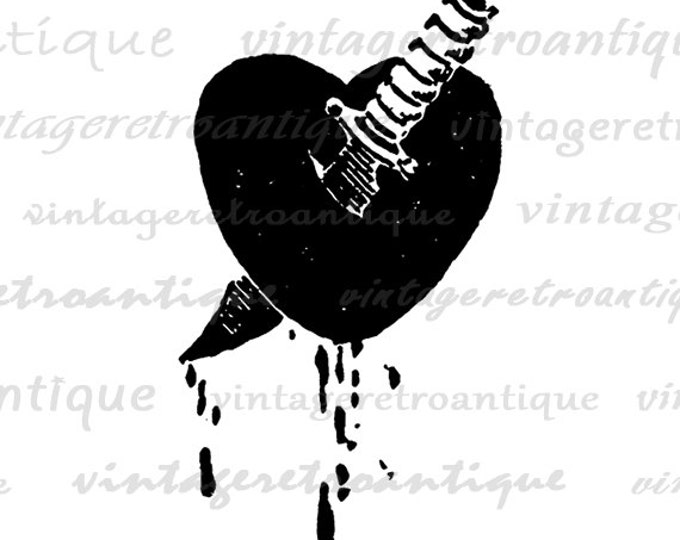 Digital Printable Heart with Knife Download Love Graphic Broken Romance Image Vintage Clip Art Jpg Png Eps HQ 300dpi No.909