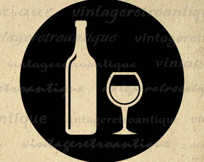 Wine Glass and Wine Bottle Digital Image Download Wine Printable Graphic Vintage Clip Art Jpg Png Eps HQ 300dpi No.4511