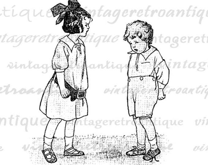 Digital Antique Boy and Girl Printable Image Old Fashioned Download Illustration Graphic Vintage Clip Art Jpg Png HQ 300dpi No.3199