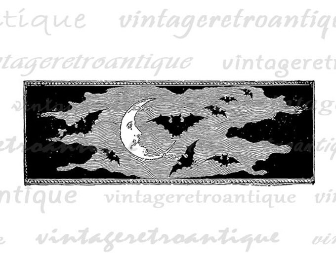 Bats and Moon Graphic Printable Download Image Digital Illustration Vintage Clip Art Jpg Png Eps HQ 300dpi No.4196