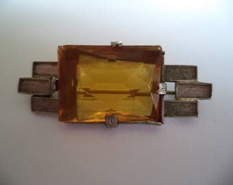 Vintage Unsigned Small Art Deco Silvertone/Yellow Faceted Stone Brooch/Pin 1920s