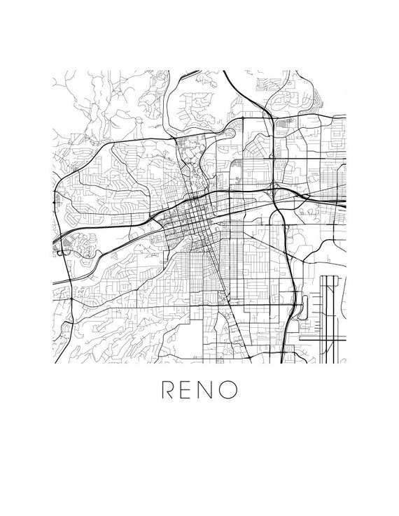 Reno Map Black and White Print nevada Black and White Map