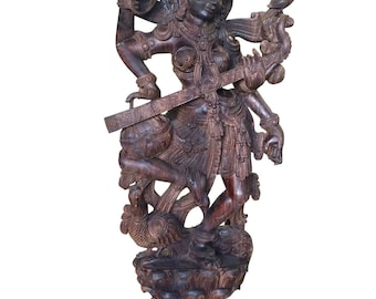 Antique Sculpture Sarawati Playing Veena, Hamsavāhini, Single piece Wood Carved Statue , Zen, Yoga Interiors, Music , Art, Wisdom , Divinity