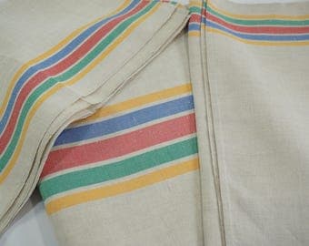 Vintage Linen Tablecloth, Runner, 4 Napkins, STRIPED Natural Table Linens, 1940's- 1950s, French Striped Linens, 6 pieces, Free Ship