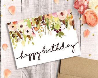 Birthday Card for Her - Printable, Happy Birthday, Watercolor Floral, Instant Download, 5x7 Greeting Card, Mother, Sister, Wife, Grandma