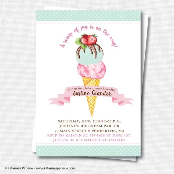 Watercolor Ice Cream Baby Shower Invitation Ice Cream Social