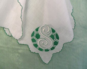 Monogram S embroidered handkerchief / vintage green and white hankie / initial S hankie , letterr S