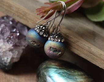 Peacock Druzy dangle earrings with rhinestones >> gift for her modern boho chic bohemian trendy boho style festival fashion boho glam luxe