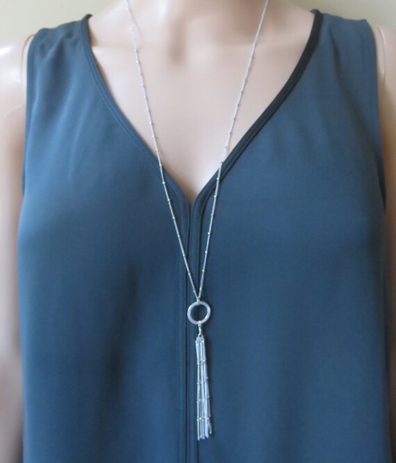 Silver Tassel Necklace long silver necklace bead chain