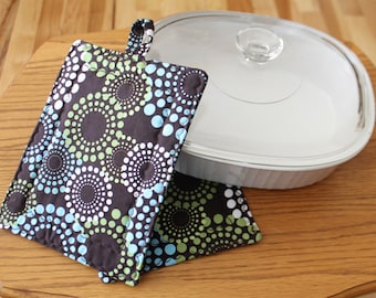 Pot Holder and Oven Mitt, Brown with Aqua, Green and White Circle Print, Hotpads, Oven Mitt, Trivets, 2 pc. set