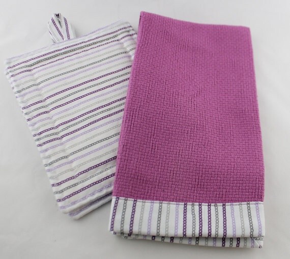 Items similar to Kitchen Towel Set, Lavender with White, Gray and