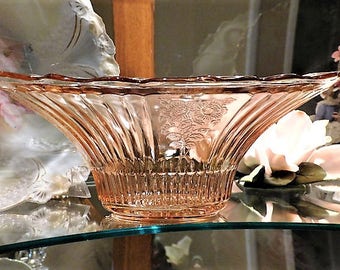 1930s Pink Depression Glass MAYFAIR Open Rose Bowl 12" Deep Scalloped Fruit Hocking Glass Co Vintage Kitchen Home Decor Wedding Centerpiece