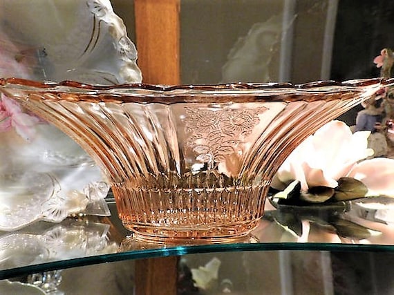 1930s Pink Depression Glass MAYFAIR Open Rose Bowl 12" Deep Scalloped Fruit Hocking Glass Co Vintage Kitchen Home Decor Wedding Centerpiece
