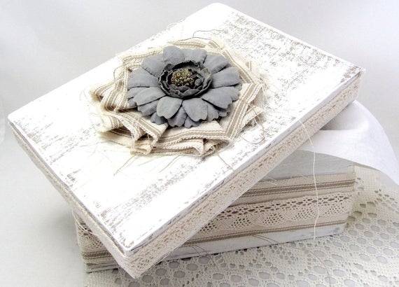 Soft White Box - Decorative Box - Cottage Chic - Flower - Canvas Fringe Kraft Ticking - Lace Trim - Wedding - Keepsake Box - Gift Box