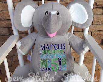 Personalized Stuffed Animal Elephant - Birth Announcement Stuffed Animal- Plush Keepsake- Baby Gift Idea- Monthly Milestone Photo Prop