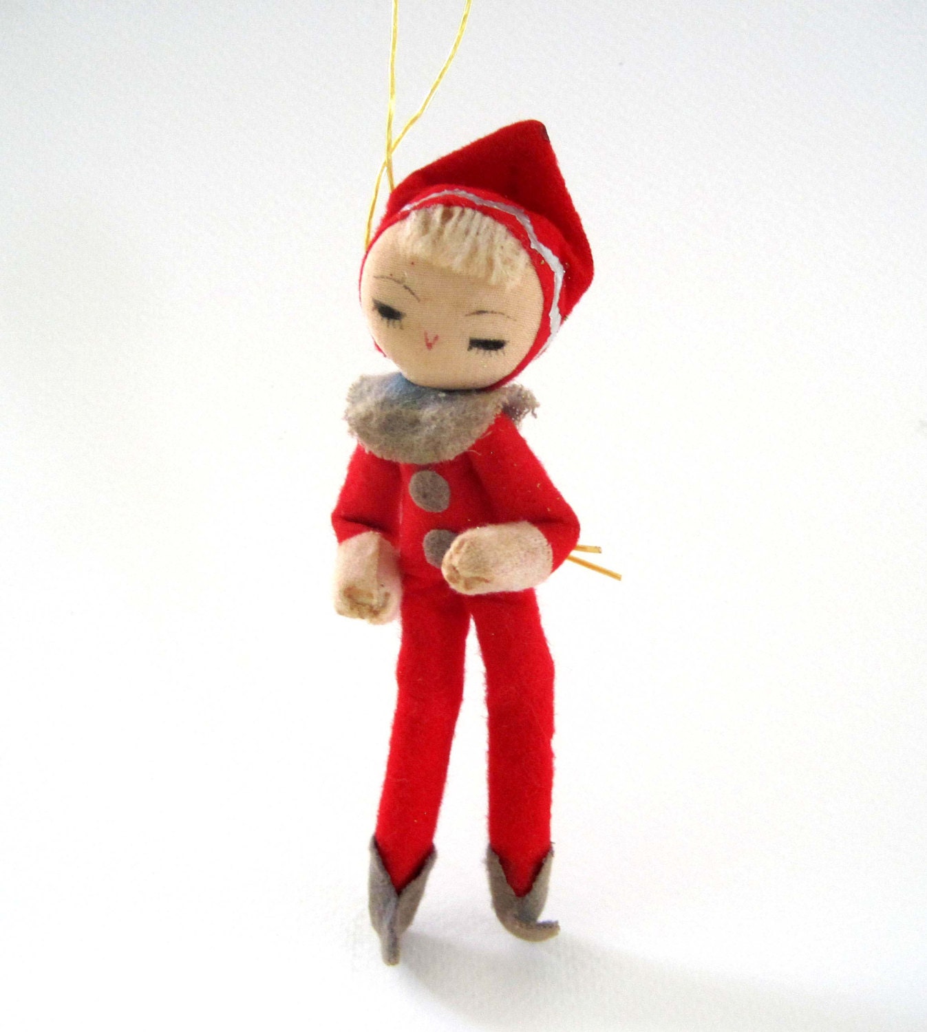 Christmas Red Elf Ornament 1960s Red Felt Gray Boots and