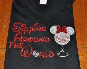 Glitter Disney World Mickey Mouse Sipping Around the World V Neck Shirt/Epcot/Food and Wine Festival/