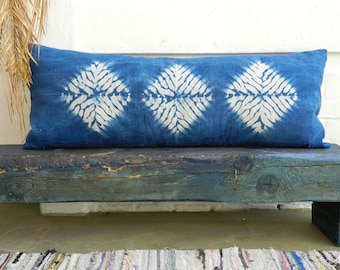Shibori Indigo Pillow vintage 20th century Linen Denim Blue geometric Diamond Pattern Lumbar Cushion 40x100 cm 16x40 inches