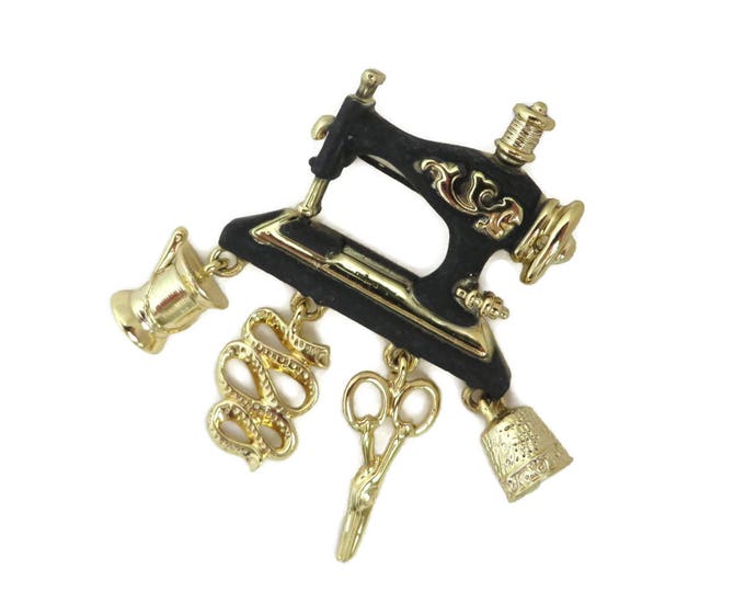 ON SALE! Vintage Sewing Machine Brooch, Dangling Charms Sewing Pin