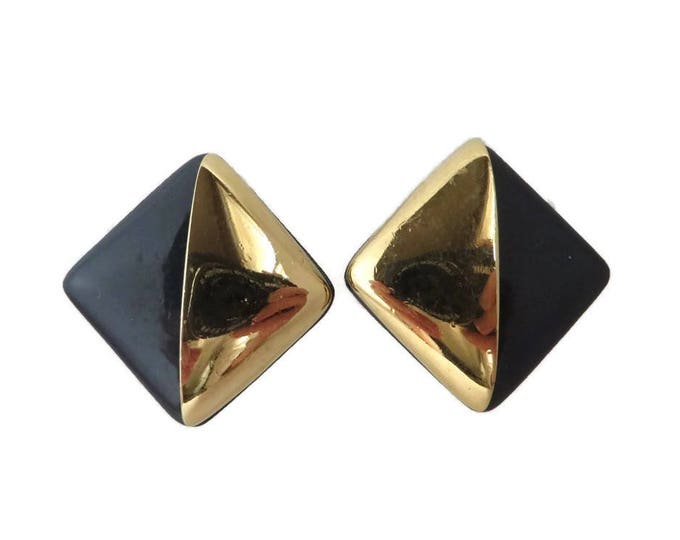 Trifari Square Earrings, Vintage Black & Gold Tone Clip-on Earrings, Signed Trifari Classic Jewelry, Gift Boxed Trifari Square Earrings, Vintage Black & Gold Tone Clip-on Earrings, Signed Trifari Classic Jewelry, Gift Boxed