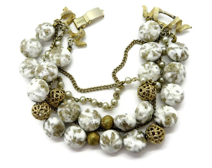 Kramer Glass Bead Bracelet Vintage Designer Signed Triple Strand White and Gold Bracelet