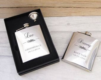 Personalised, Engraved Best Man/Ushers Hip Flask, Wedding Keepsakes and Gifts - Gift Box with Funnel Available