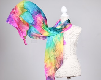Long summer scarf / art silk scarf / rainbow scarf / Large multicolor scarf / long summer silk wrap / rainbow shawl