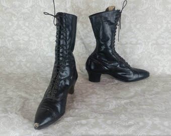 Victorian Granny Boots Black by Boot and Shoe Workers Union Label I Antique Lace Up Edwardian Granny Boots I Antique Womens Shoes