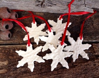 Handmade Christmas Decorations - Set of Six, White Lace Textured Snowflakes, Small