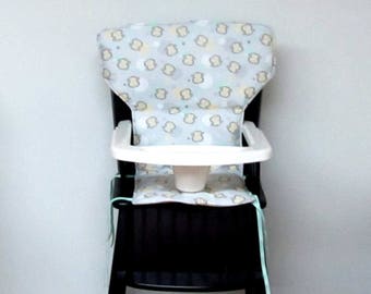 wood chair pad, highchair cushion, Eddie Bauer newport, safety first wood chair cover, high chair pad, baby furniture, monkey face on gray