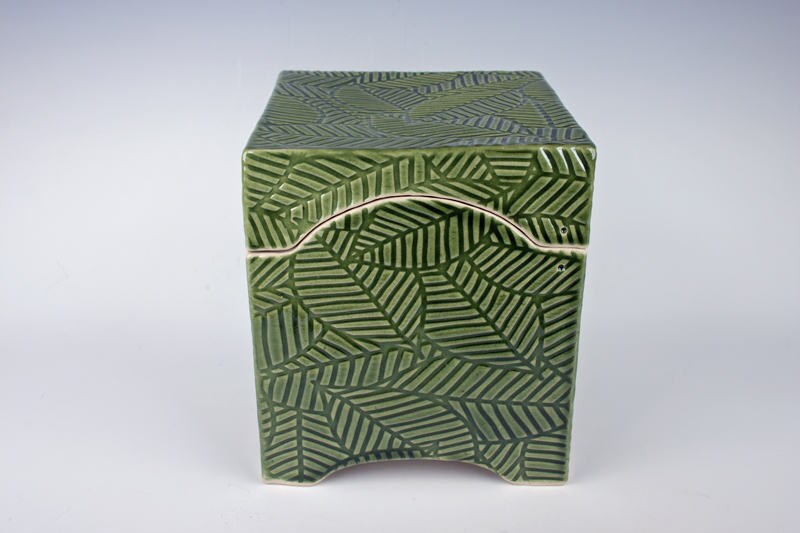 Reserved for David Large green ceramic box leaf pattern