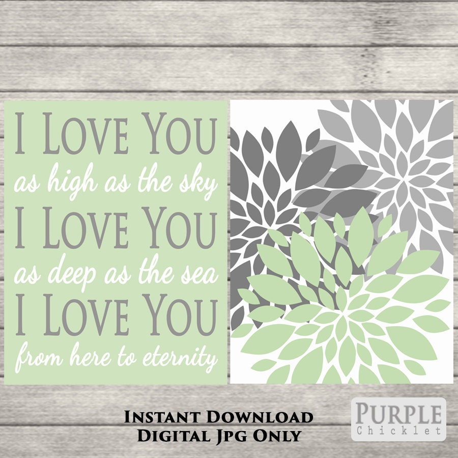 Mint Green Gray Wall Art I Love You as High as the Sky as