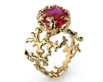 CORAL Ruby Engagement Ring, Statement Ring, Gold Ruby Ring, Gold Engagement Ring, Large Ruby Ring Gold