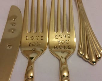 3pc Gold flatware Wedding forks +201? on knife 24K Gold Plated Hand Stamped Love YOU LoveYOU More Recycled SHABBY Real photos Gatsby wedding