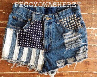 Vtg high waist Cut offs denim shorts studs American Flag PEGGYOWASHERE design