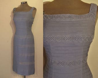 Beguiling 1950s wiggle dress w/ pintucking, crochet banding bust 34" Jerry Gilden