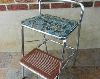 Vintage Cosco Step Stool and Chair, Folding Utility Stool, Kitchen Stool, Booster Seat, New Padding and Vinyl, Abstract Teal and Olive Vinyl