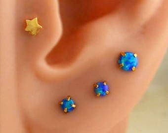Blue Fire Opal Stud Earrings, Cartilage Tragus Helix Earrings Upper Lobe Stud 3mm 4mm Opal Earring, Surgical Steel 14k Gold Plating