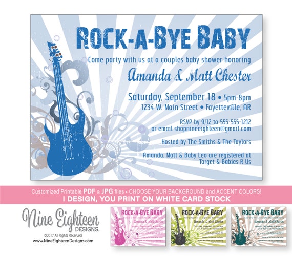Baby Shower INVITATION RockABye Baby Rock N Roll Theme.