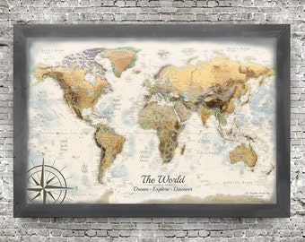 World Map Push Pin, Illustrated World Map with Terrain Modeling, World Pin Map, Old World Map with Modern Geography, Professional Geographer