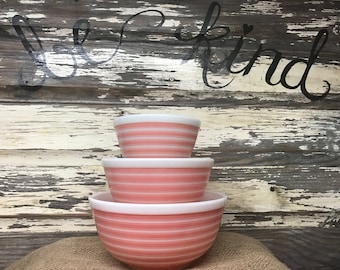 FULL SET - Vintage Pyrex Pink Stripe Mixing Bowl Set