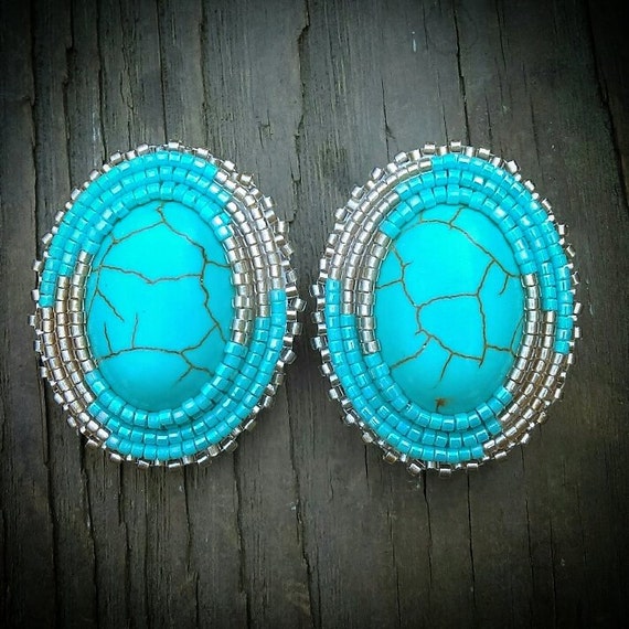 Beaded Turquoise Earrings Beaded Cabochon Native Earrings