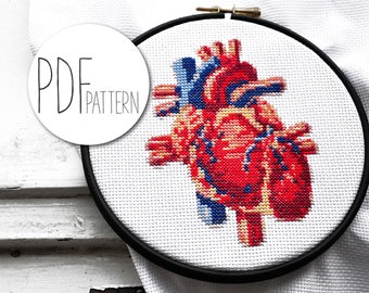 Modern cross stitch pattern, heart hand embroidery pattern, realistic xstitch cross stich design, nerdy geeky crossstich pattern HUMAN HEART