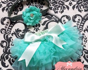 MINT BLOOMER set, baby headband and chiffon ruffle diaper cover, mint and silver baby set, bloomer with bow..