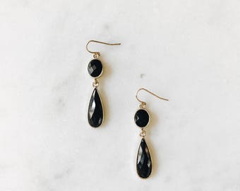 Vintage Black Stone Teardrop Gold Dangle Drop Earrings